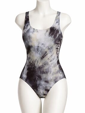 🎉 Nike Women's Tie-Dye Scoop-Back One-Piece Swimsuit in Black and Gray